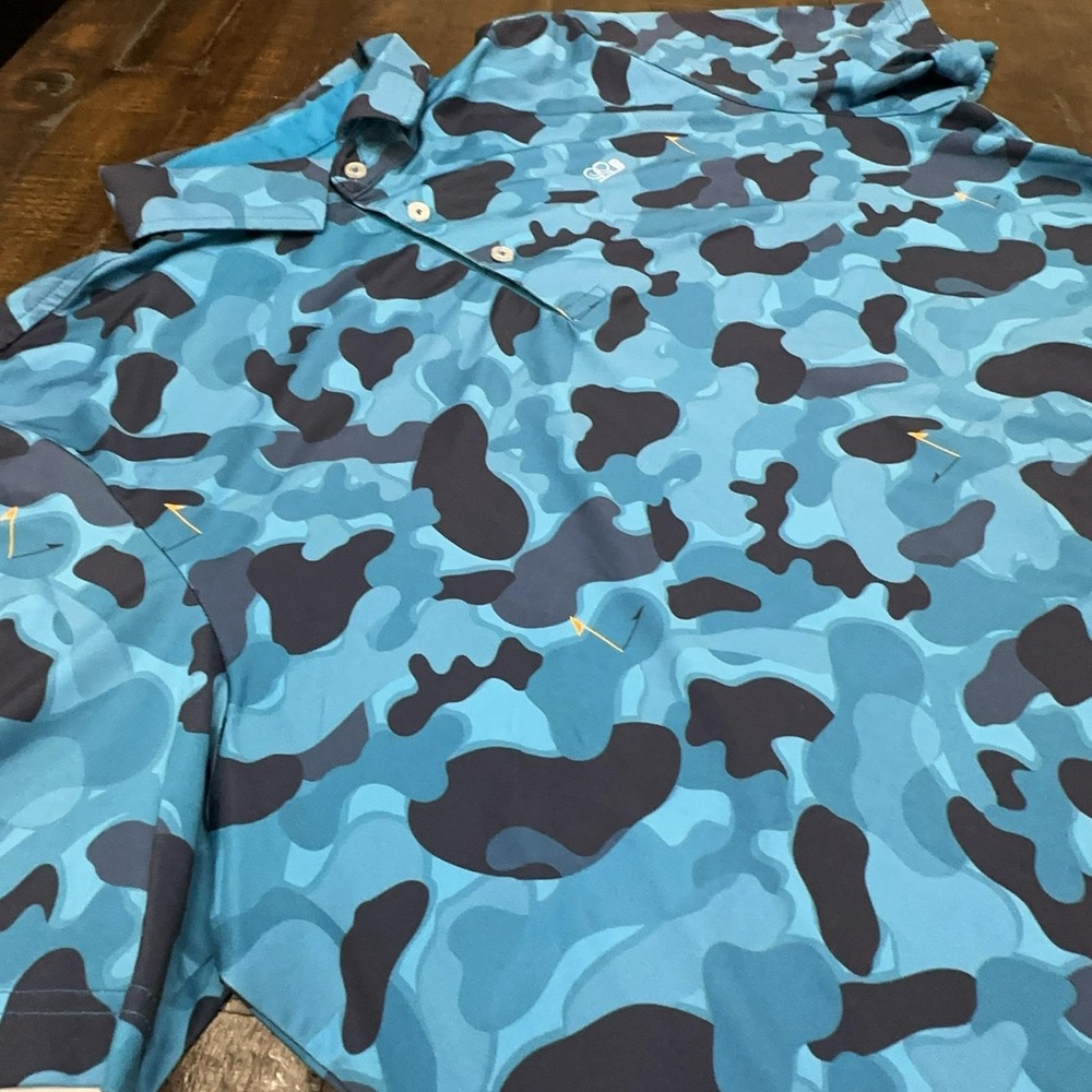 Good Good Golf Polo Shirt Mens XL Blue Camo Flag Print Performance Stretch